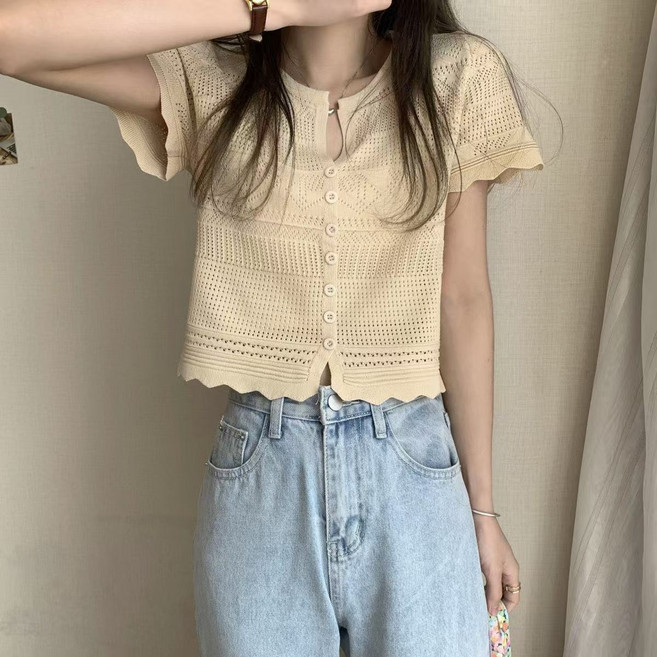 루스리더 여성 패션 레이스 반팔 루즈핏 쇼트 라운드넥 가디건 ES73