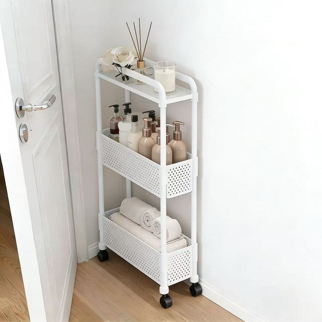 이동식 틈새 트롤리 다용도 바퀴형 수납대 슬림 선반, 흰색, 3단