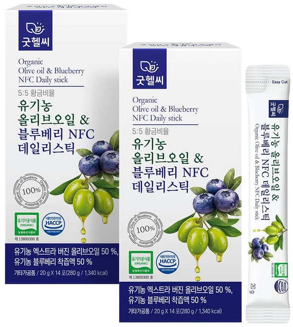 굿헬씨 유기농 올리브오일 & 블루베리 NFC 데일리스틱 14포, 2박스, 280g - 쿠팡