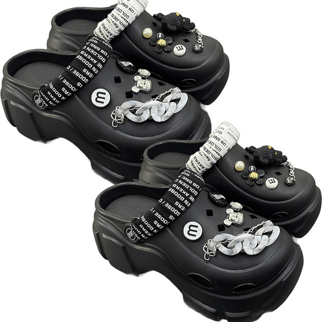 [1+1] 로로비 여성 통굽 7CM 키높이 샌들 슬리퍼 회사 사무용 여행용 파츠 장식