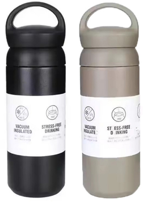 1+1 손잡이가 있는 심플한 이중 뚜껑 실리콘 패킹 진공 텀블러, 그레이+블랙, 1세트, 350ml