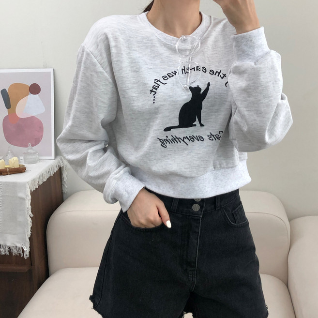 미니몰스탠다드 여성용 프린팅 귀여움 보장 캣츠 크롭 맨투맨