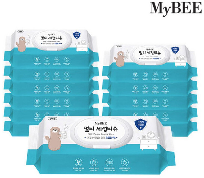 멀티세정티슈(살균소독티슈) 캡형 60매입 12팩 티슈 물티슈 화장지 휴지 소독티슈, 12개