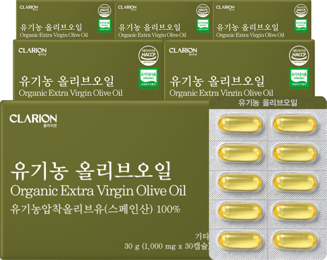 클라리온 유기농 올리브오일 30캡슐 6박스 올리브유 캡슐 스페인산 냉압착 저산도 엑스트라버진, 6개, 30회분