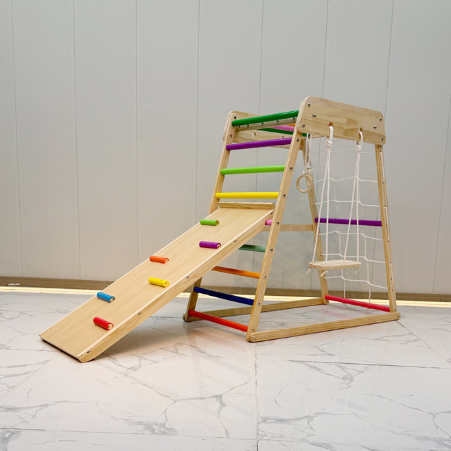 채움다 실내 원목 정글짐 미끄럼틀 놀이터 소형 가정용 놀이시설, 1개, 작은컬러풀사다리미끄럼틀+그네포함