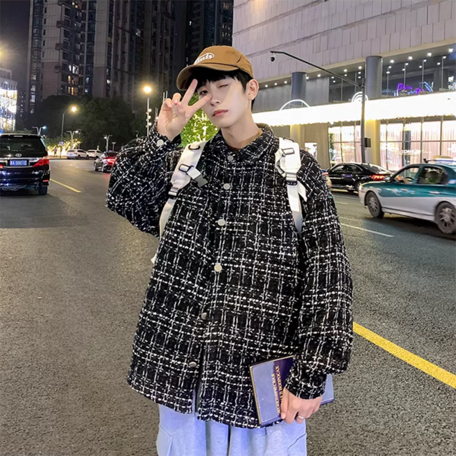 ANYOU 남성 봄 가을 패션 캐주얼 루즈핏 체크 스타일 재킷 긴팔 셔츠 코트