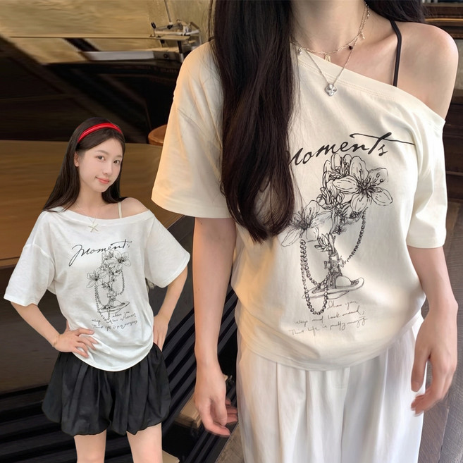 【梨卡】隔日到貨 女裝 上衣 短袖 露肩斜肩 寬鬆短袖 夏季上衣 百搭短袖 美式上衣 舒適短袖 HZ111