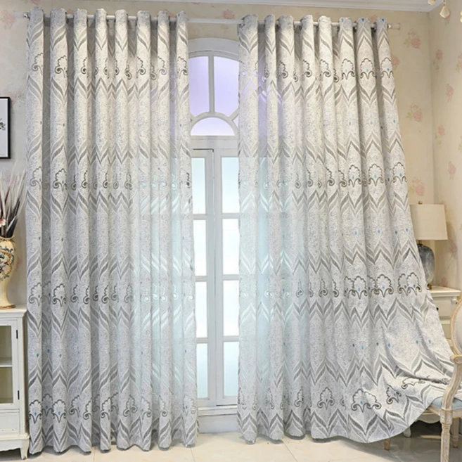 소나무 잎 벨벳 커튼 침실 블랙아웃 완제품 자카드 셔닐 피부 친화적인 원단, 07 W250xH200cm, 01 그로멧 탑, 01 라이트 그레이