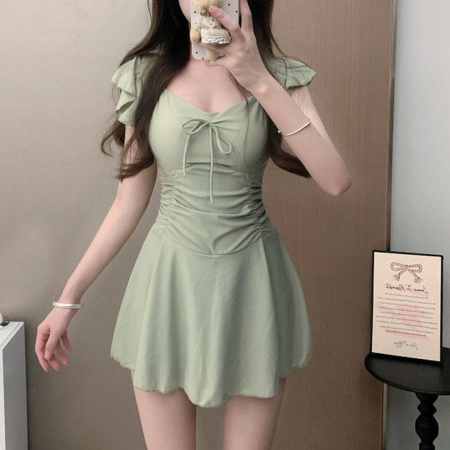 綠色女款連體泳衣 遮肚顯瘦 海邊溫泉適用, L碼