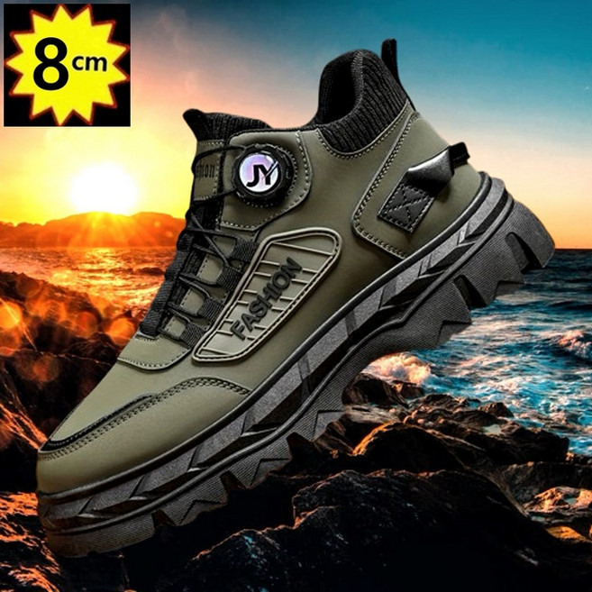 신상품 남성 키높이 8CM 운동화 가죽 수제화 하이탑 원터치 다이얼 스니커즈 케주얼 다용도 캠핑 하이킹 남자신발 가을 겨울 사계절 신발