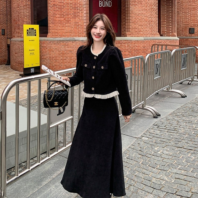 여성 봄 가을 데일리룩 치마 투피스 코듀로이 하객룩 롱스커트 세트 오피스룩 투피스
