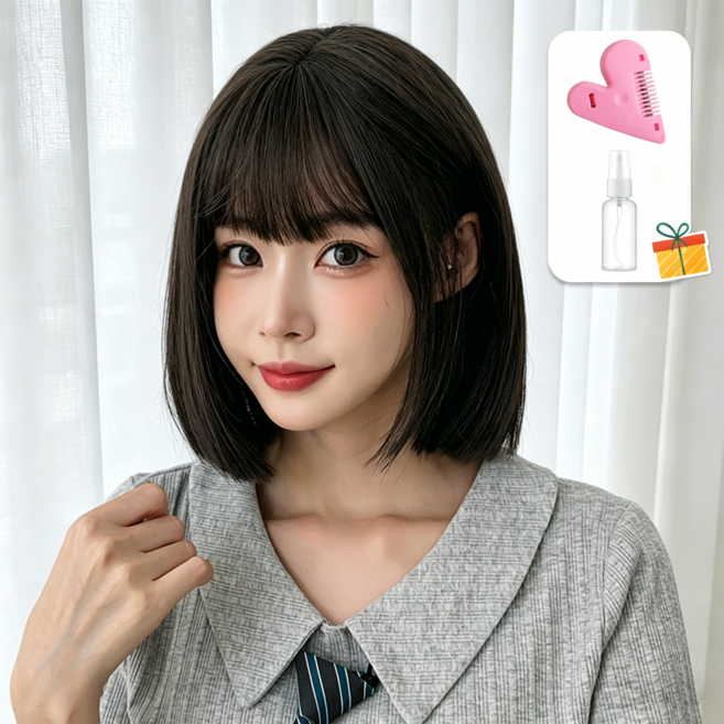 Novah 여성 단발 통가발 풀뱅 보브컷 자연스러운 데일리 레이어드 가발 32cm, 1개, 브라운블랙