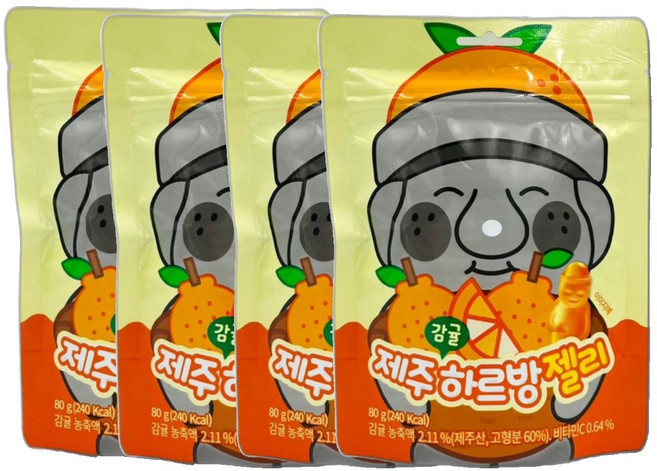 제주 감귤 하르방 젤리 4봉지 지퍼백포장 여행선물 기념품 아이간식 새콤달콤 제리, 80g, 4개