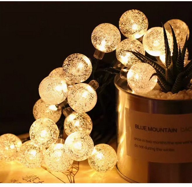 太陽能氣泡球燈串 30顆LED 防水戶外裝飾燈 庭院陽台造景燈, 暖黃燈串-6.5m, 1個
