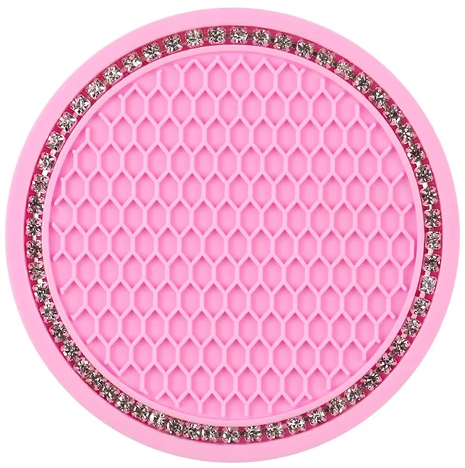 미끄럼 방지 자동차 물컵 패드 홀더 다이아몬드 라인석 고무 매트 병 거치대 코스터 인테리어, 02 분홍색
