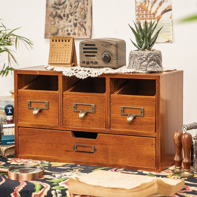앤틱 원목 4칸 서랍장 빈티지 나무 약상자 3단 우드 수납함 데스크테리어 이름표 소품함, 2단