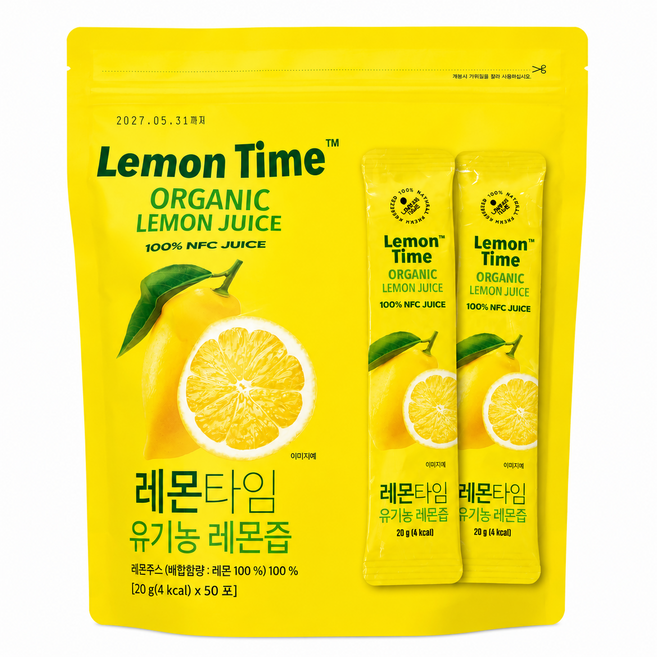 레몬타임 유기농 레몬즙 50포 NFC 착즙 레몬원액 레몬워터 비타민C, 50개, 1kg