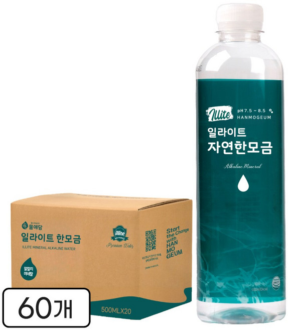 일라이트한모금 물애담 미네랄워터 알칼리수 자연한모금, 500ml, 60개