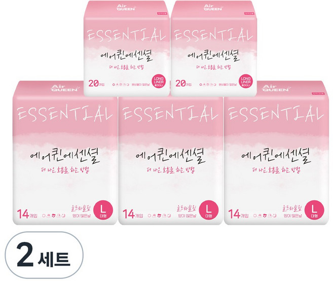 에어퀸 에센셜 대형 생리대 날개형 14p x 3팩 + 롱라이너 20p x 2팩 세트, 2세트