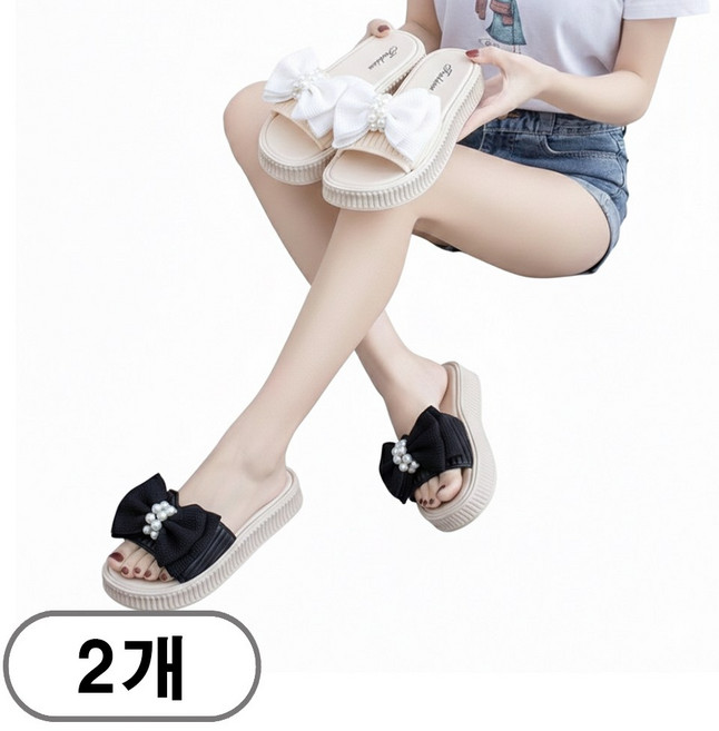 차쿠 여성 진주 리본 통굽 슬리퍼 1+1