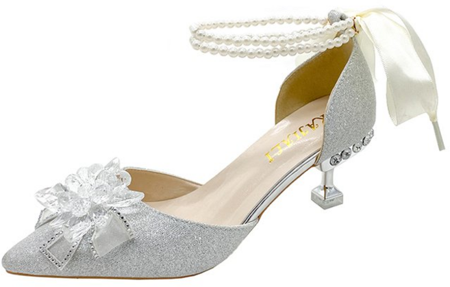 KAJILI 法式尖頭高跟鞋 蝴蝶結裝飾婚鞋, 1個, 銀色細跟6cm34