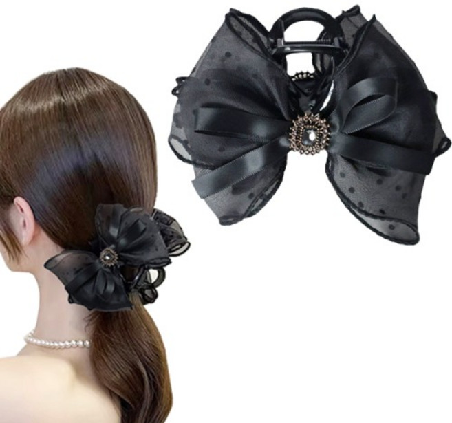 큐빅 포인트 블랙 시스루 리본 머리핀 올림머리 집게핀 왕리본헤어핀 파티룩 하객룩