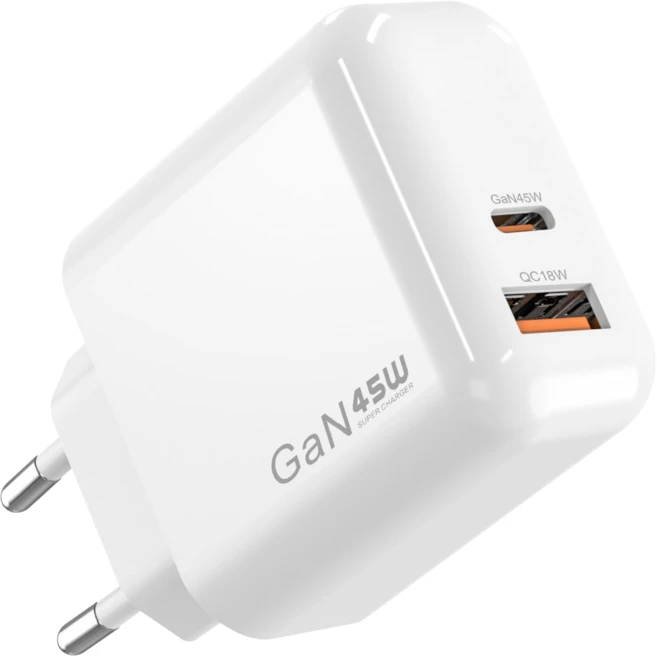 폴리폴 45W GaN 듀얼포트 어댑터 초고속 충전기 PD 프리볼트, 1개, 화이트 - 쿠팡