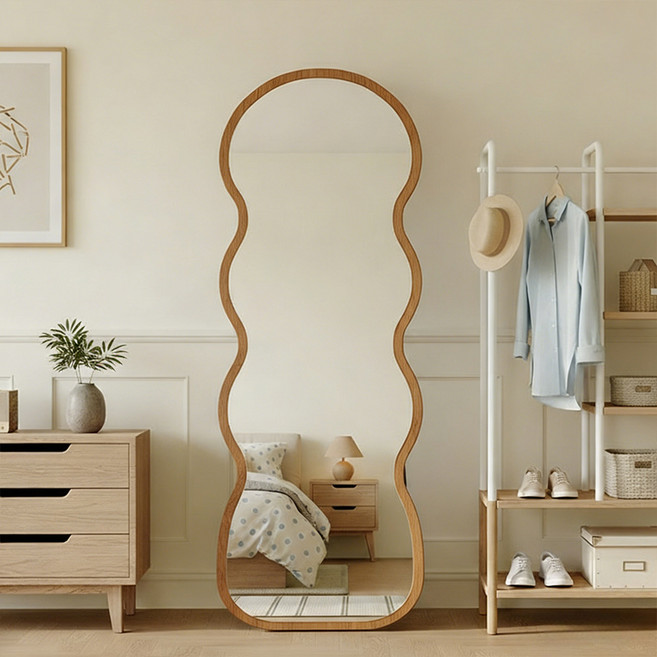 Zzang Room 비정형 스탠드 전신거울 인테리어 아치형, 원목색