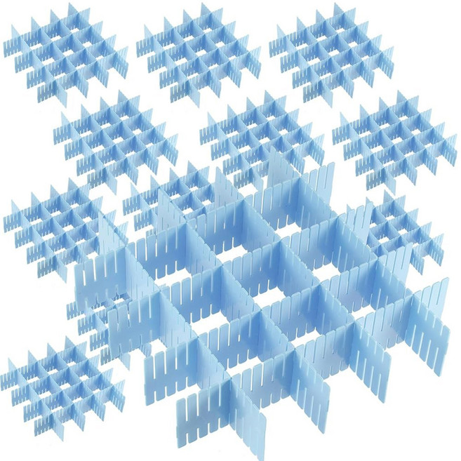 JOIKIT 64팩 흰색 플라스틱 DIY 그리드 서랍 칸막이 조절식 정리함 가정용 보관용 메이크업 양말 속옷, 60 PCS, Blue