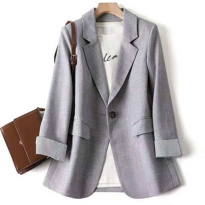 JUSTFEELING ~8XL까지 카라넥 정장자켓 패션 여성의류 간절기 슬림핏 배색라인 싱글단추 블레이저 정장 코트 재킷 봄가을 고급스러운 여성 양복 코트