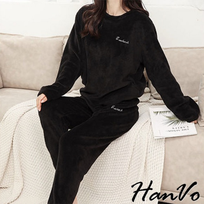HanVo 保暖珊瑚絨睡衣套裝 韓版慵懶束口家居服 A08-5932