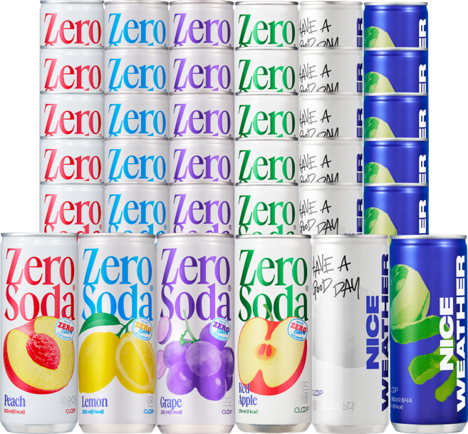 클룹 제로소다 250ml 36개입 세트 (레몬+복숭아+포도+청사과+소다+레드애플)