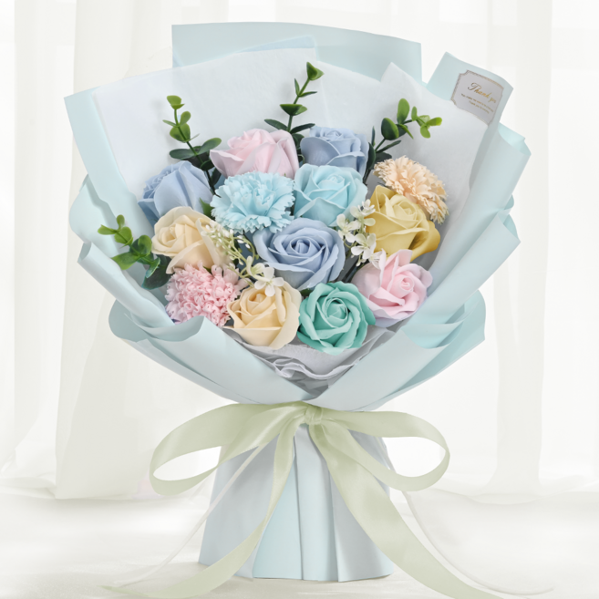 파스텔 비누꽃다발+선물 박스, 1개, 블루캔디
