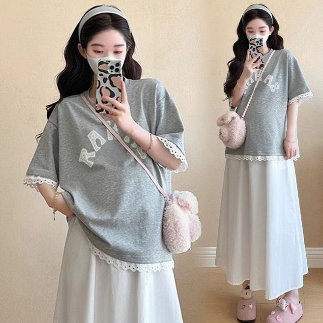 임산부 여름 롱스커트 세트 임부 패션 반팔 티셔츠 + 롱치마 캐주얼 임부복 상하의 세트 LCL