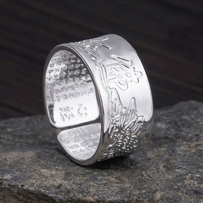 RB09 Silver 빈티지 앤틱 불교 연꽃 반야심경 은반지