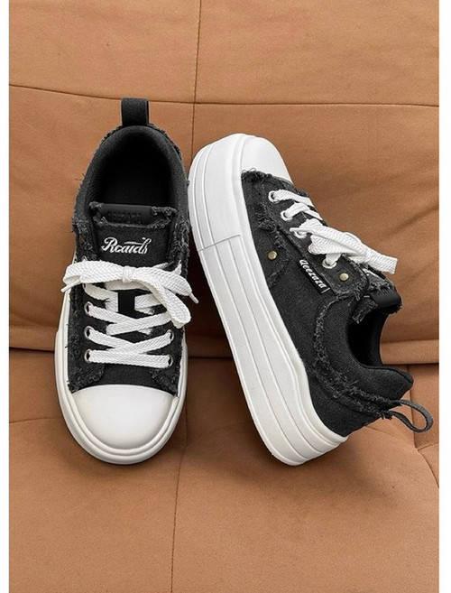 美式做舊破壞毛邊帆布厚底增高板鞋