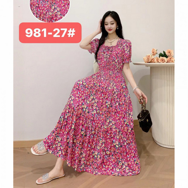 허리밴딩원피스 여름 코튼 실크 반팔 롱원피스 빅사이즈 4XL 플라워 프린트 여행 보헤미안 데일리 스커트