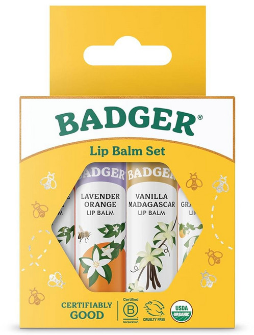 배저 클래식 립밤 세트 - 옐로우 박스 라이트 실키 롱래스팅 립 모이스처라이저 선물 세트 올 내추럴 버라이어티 팩 탠저린 라벤더 오렌지 바닐라 자몽 4팩, 1개