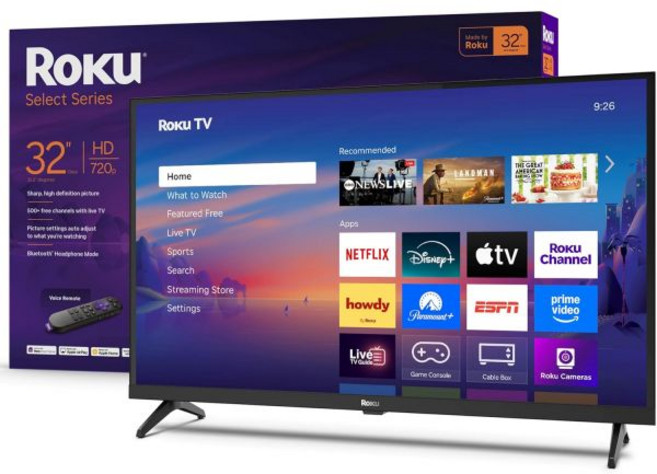 Roku 스마트 TV 2025 - 32인치 셀렉트 시리즈 1080p 풀 HD 음성 리모컨이 있는 Wi-Fi가 평면 LED TV로 지역 뉴스 스포츠 가족 엔터테인먼트를 실시, Roku 32", 720p