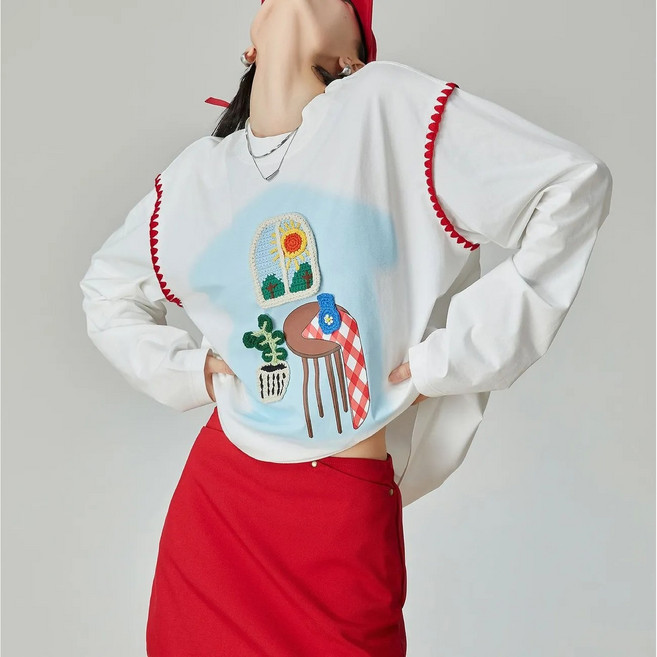 여성 편한 긴팔 티셔츠 프린트티