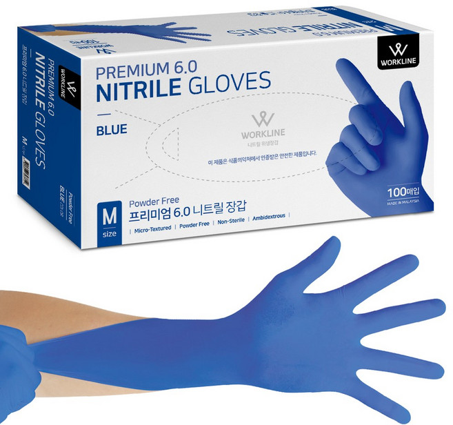 워크라인 프리미엄6.0 니트릴 장갑 100p, 블루, M, 1개
