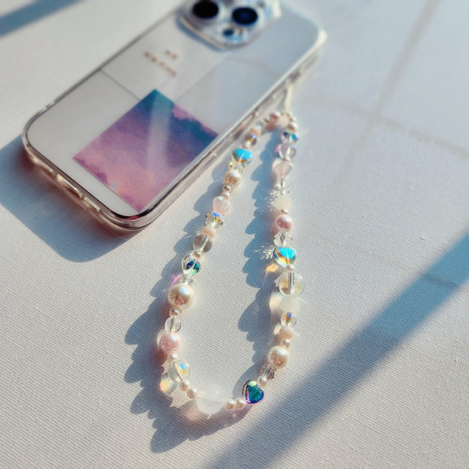 탐탐리즈 # 핸드폰 비즈 스트랩 크리스탈 구슬 폰 줄 휴대폰 손목 고리 키링, 1개, 진주 오로라 스트랩