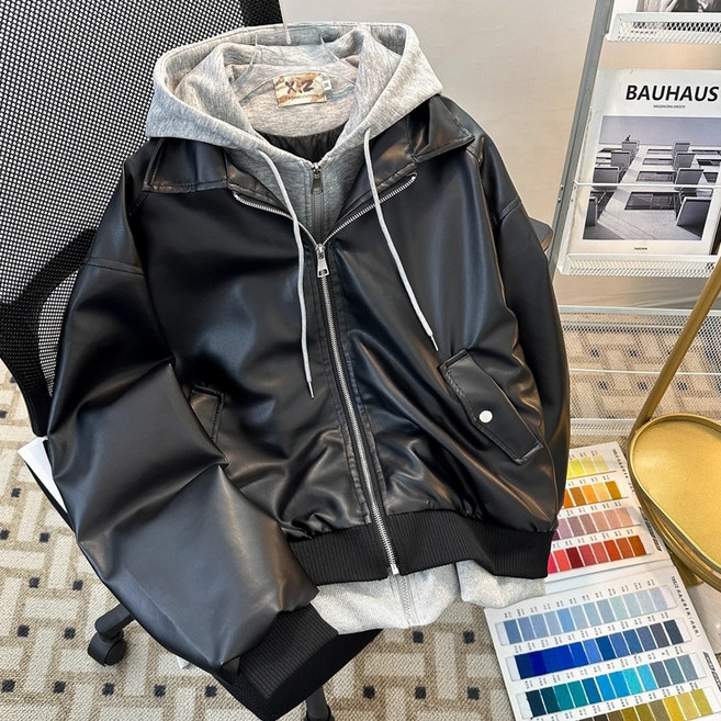 남성 인조가죽 후드 항공점퍼 집업 자켓 레이어드 캐주얼 봄가을 아우터