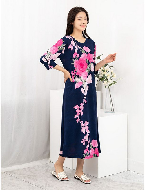 모슬린 엄마옷 플라워 7부 원피스 홈웨어 MQG126788 마담 미시 중년여성 빅사이즈 할머니옷 50대 60대 70대