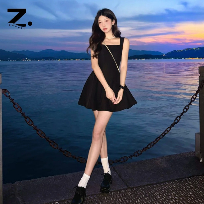 Zoovit 여성 여름 슬림핏 나시 원피스 반팔 지퍼 미니 원피스