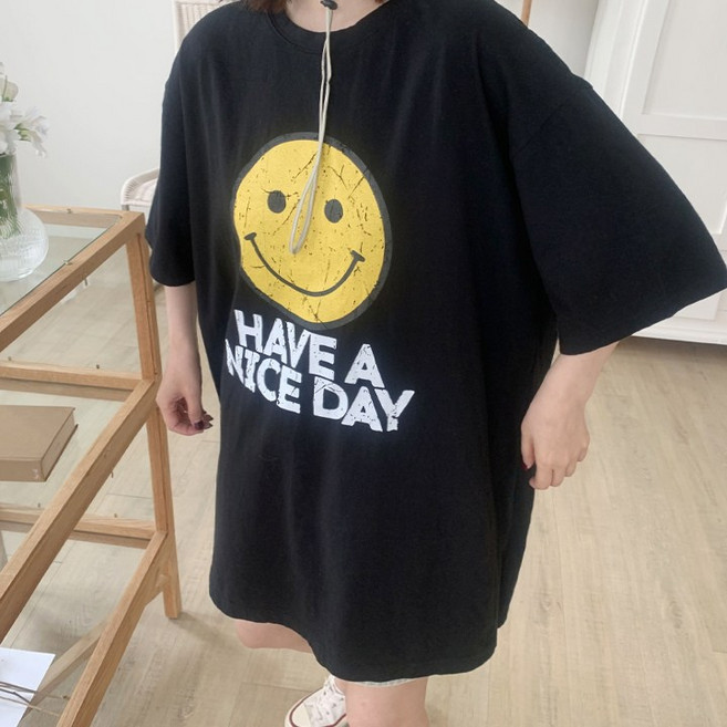 애플망고옷장 오버핏 반팔 워싱 뽐스마일 롱박스티셔츠