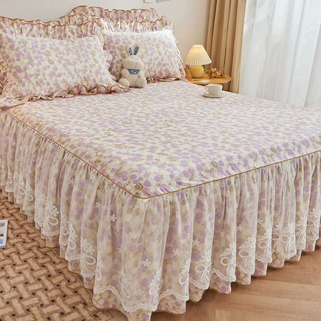 예쁜 꽃무늬 순면 레이스 침대 스커트 슈퍼킹 라지킹 퀸 매트리스 베드 패드 롱 커버