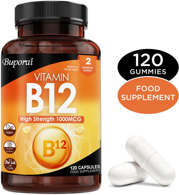 비타민 B12 1000mcg 고강도 지속 방출 최대 흡수 B12 보충제는 피로 감소에 기여합니다., 3개, 60정