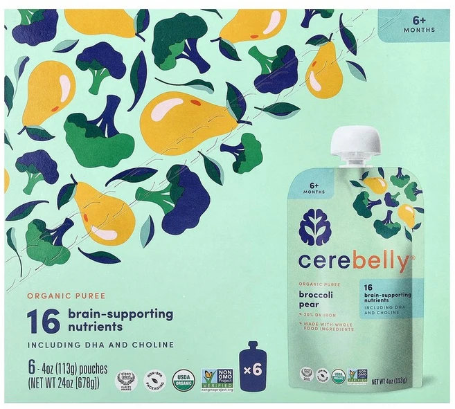 Cerebelly 유기농 퓨레 생후 6개월 이상 브로콜리 배 파우치 6개 각 113g(4oz) Cerebelly (세레벨리), 6 개 - 쿠팡