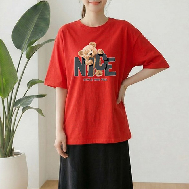 1장 (2장세트 장당7450) 스타일아유 여성 여름 오버핏 반팔 티셔츠 나이스 곰돌이 빅프린트 그래픽 루즈핏 롱박스티 TS3934